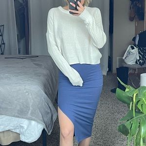 INAMORATA blue fitted midi skirt with custom side slit